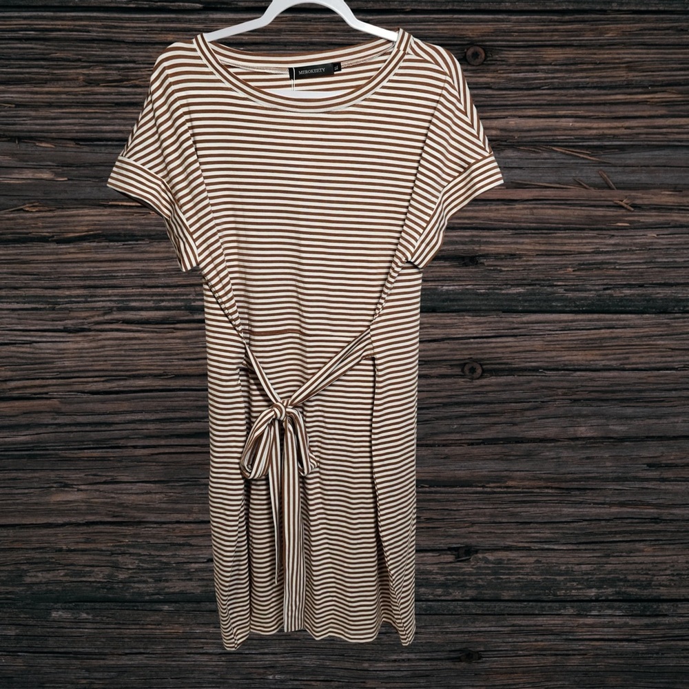 Merokeety Brown White Striped Tie-Waist Midi Dress Size XL NWT